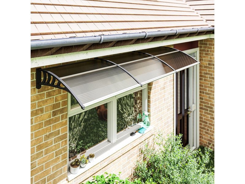  Auvent extérieur pour fenêtres et portes, en polycarbonate et aluminium, 303 x 100 x 26 cm - marron  - Conforama D