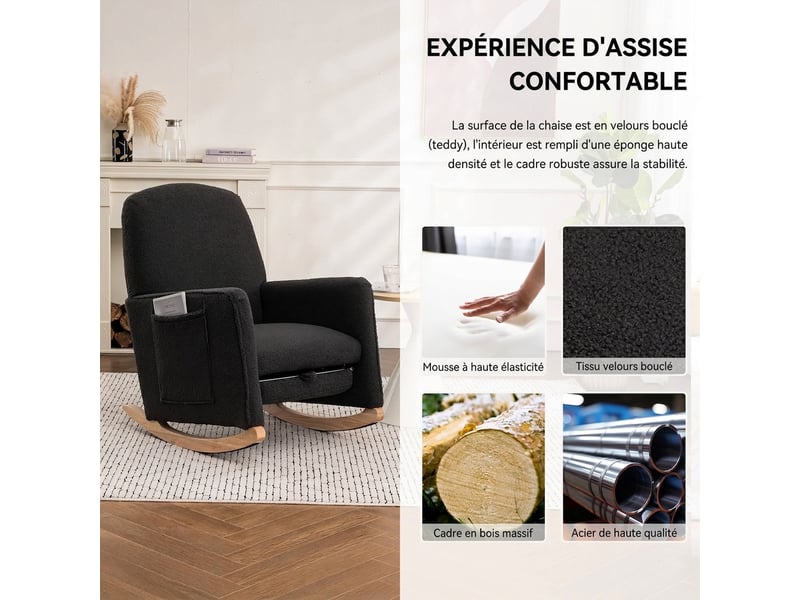  Fauteuil à bascule avec repose-pieds tissu peluche gris foncé dossier haut salon  - Conforama R
