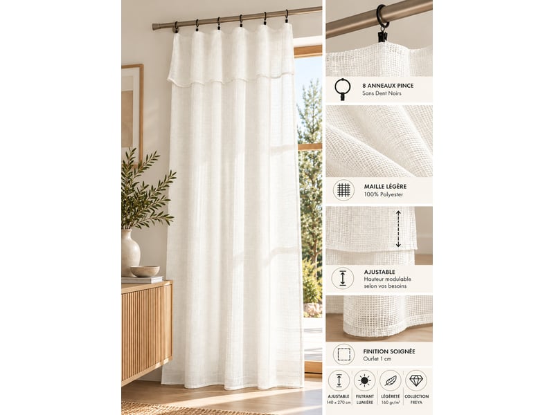  Rideau ajustable freya ivoire 140 x 270 cm 8 anneaux pince 160 gm² 15671 - Conforama B