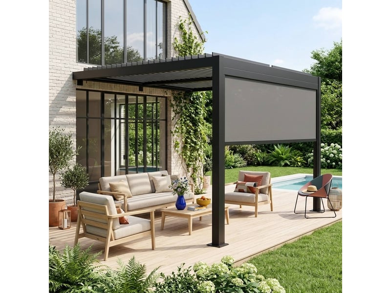 Pergola bioclimatique aluminium adossée 3x3m noir + 1 store 3m palace - Conforama B