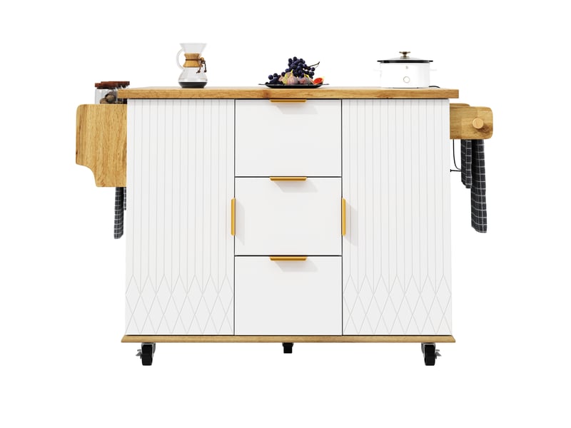 Îlot de cuisine mobile 134x46x88 cm avec roulettes, plan de travail rabattable, pour cuisine, en mdf et métal, blanc - Conforama A