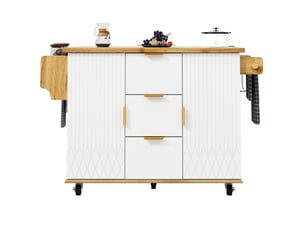Îlot de cuisine mobile 134x46x88 cm avec roulettes, plan de travail rabattable, pour cuisine, en mdf et métal, blanc