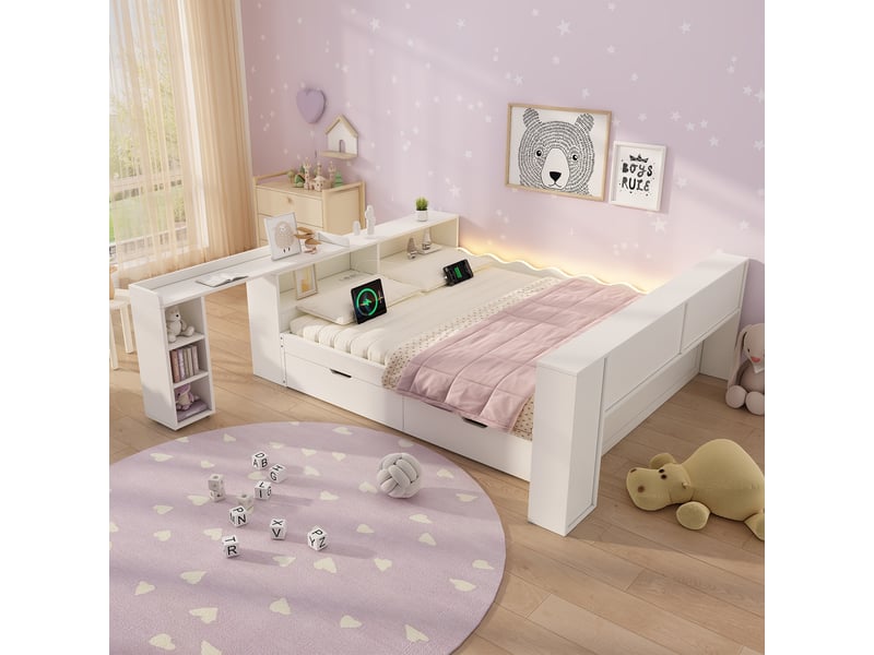  Lit combiné 140 × 190 cm avec bureau coulissant, 2 tiroirs, prises et led Fay Lum - Conforama D