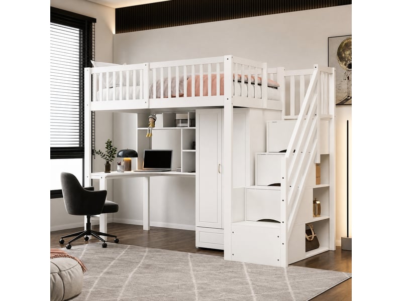  Lit mezzanine 200×90 cm avec armoire, bureau, étagères et escalier à tiroirs, en bois blanc  - Conforama C