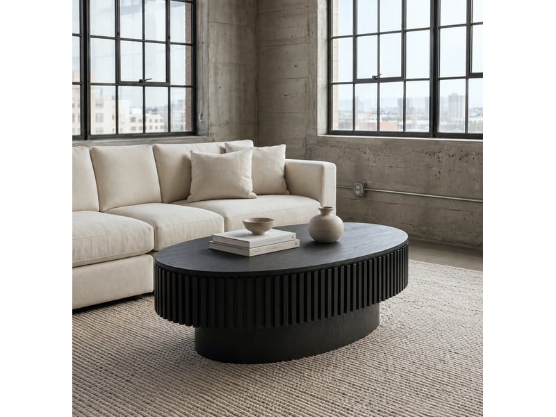  Table basse ulevr ovale avec rangement caché, 98 x 60 x 35 cm, mdf plaqué bois, noir mat, plateau amovible  - Conforama D