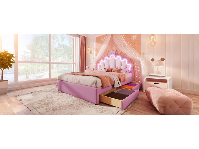  Lit capitonné 140x200 cm rose pu avec sommier à lattes 2 tiroirs tête de lit réglable éclairage led télécommande Sol Morn - Conforama D
