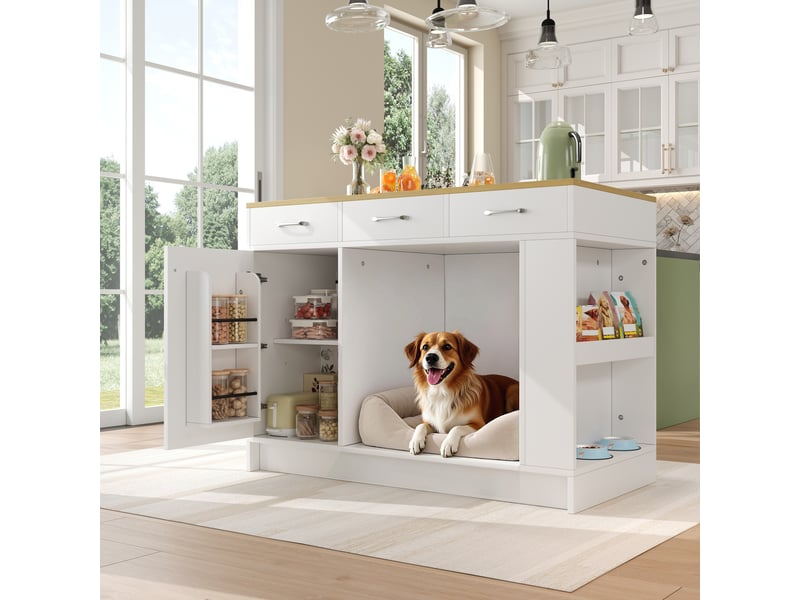  Îlot de cuisine 120x60x90 cm blanc en mdf avec 3 tiroirs et espace animaux  - Conforama D
