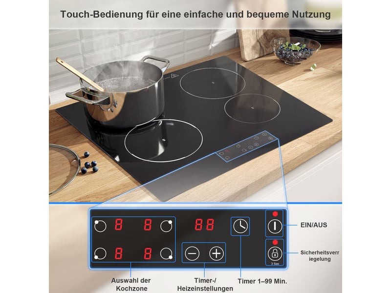  Plaque vitrocéramique 4 foyers encastrable 6000 w, table de cuisson 60 cm avec commandes tactiles et minuterie 1 à 99 min  - Conforama D