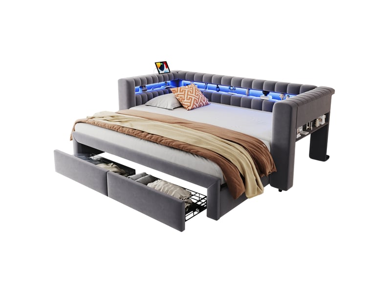  Couchage gigogne, 90x190 cm, 180x190 cm avec tiroirs, rangements, led, usb, matelas non inclus, velours, coloris gris  - Conforama A