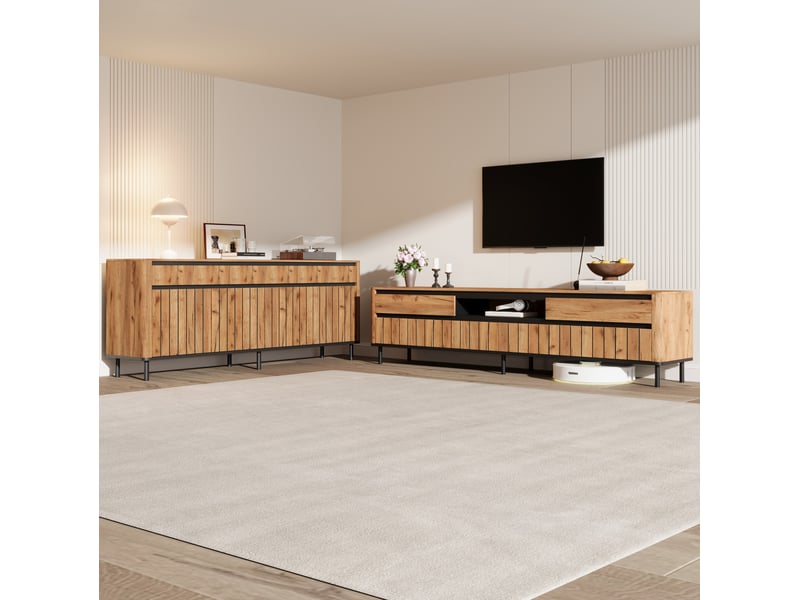 Ensemble meuble tv et buffet avec 4 portes, 3 portes et rangements ouverts pour salon en mdf et métal naturel noir - Conforama B