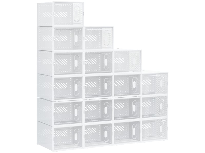  Rangement chaussures 18 pièces, boîtes empilables jusqu'à pointure 45, portes magnétiques, plastique, 28x36x21 cm.  - Conforama A