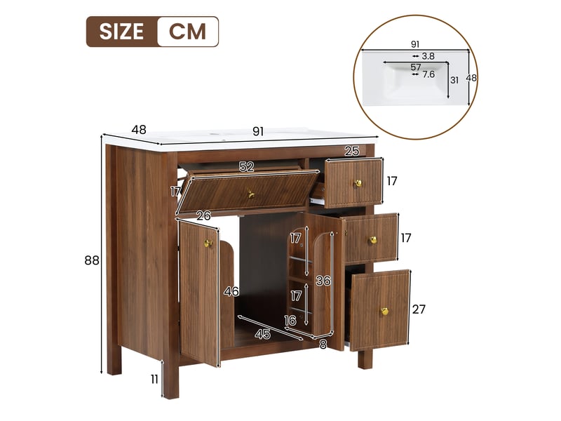  Meuble vasque 91 cm noyer, lavabo céramique, portes soft-close, tiroirs et étagères  - Conforama C