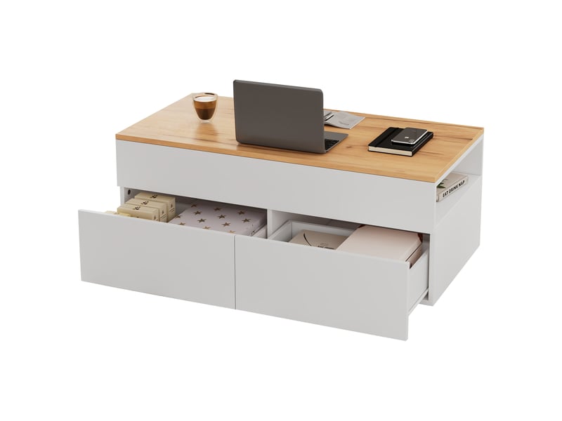  Table basse relevable 100x50 cm avec rangement caché, 2 tiroirs, bois et blanc  - Conforama E