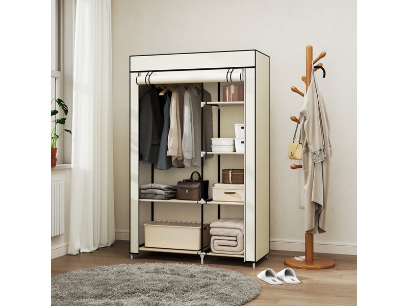  Armoire en tissu, solution de rangement, 6 étagères, 1 tringle, beige  - Conforama E