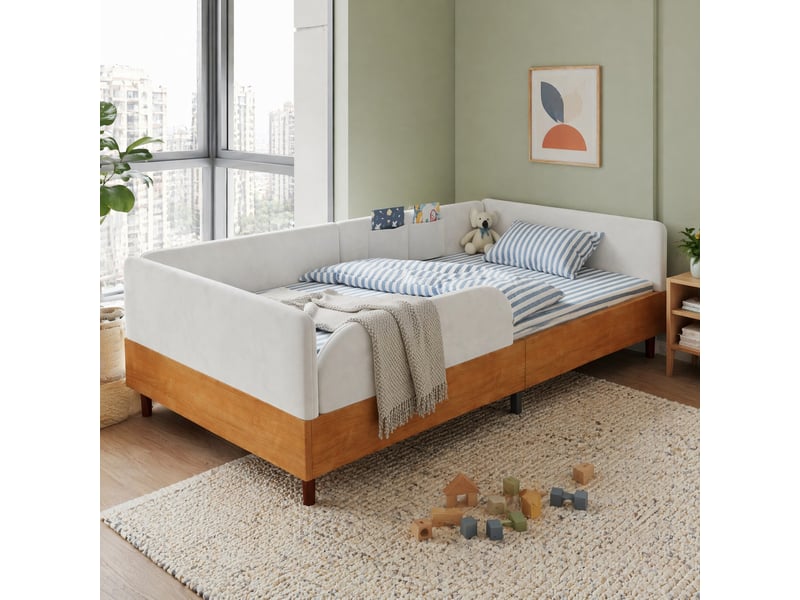  Lit enfant 90×200 cm avec barrière et 2 poches de rangement  - sans matelas, velours et bois - blanc  - Conforama C