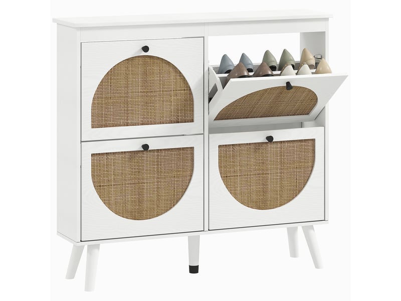  Meuble à chaussures 4 abattants 20 paires étagère réglable style bohème pieds en bois massif 105 x 24 x 97,5 cm blanc  - Conforama A