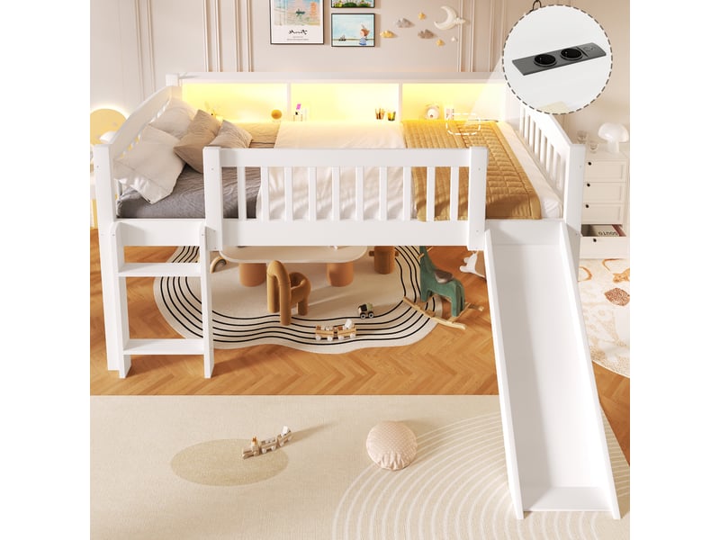 Lit surélevé enfant 90x200 cm avec toboggan, rangements et led blanc - Conforama B