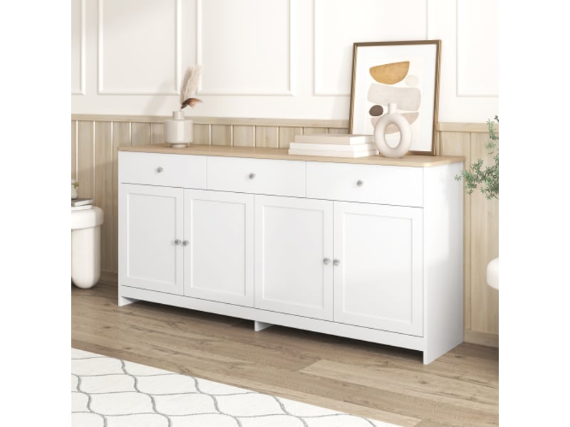 Buffet blanc imitation bois, 4 portes et 3 tiroirs, style rustique, idéal pour le salon ou la salle à manger, 160 x 37 x 75 cm  - Conforama B