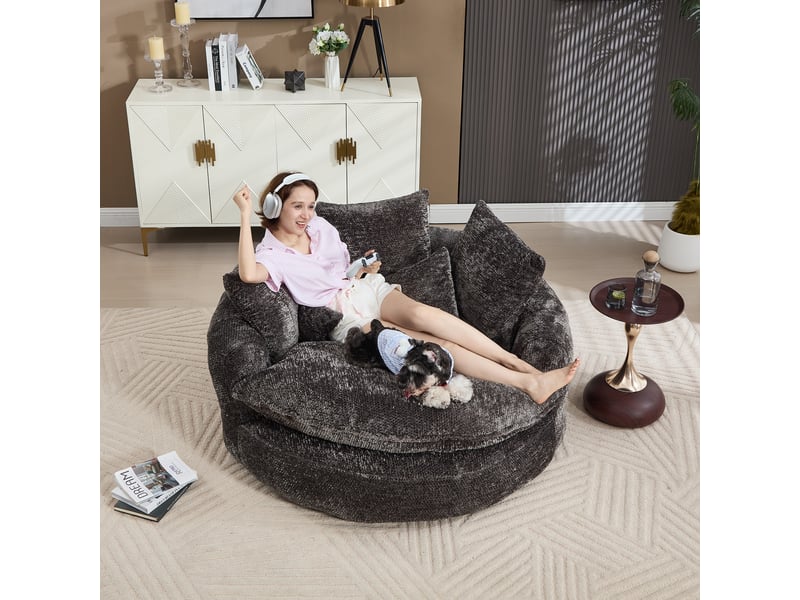 Canapé lounge xxl 1 place 190,5x138x63 cm, chaise longue ronde en polyester, assise profonde en mousse haute densité, coussins, sans montage, gris - Conforama C
