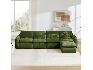 Canapé d'angle modulable 4 places sans cadre avec ottoman, assises larges et profondes en chenille verte