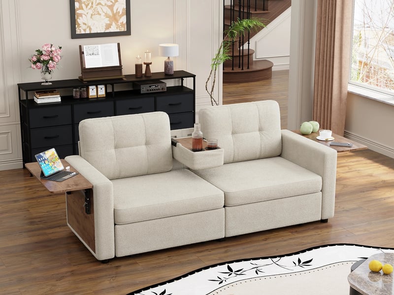 Canapé droit moderne en chenille,2 places,avec deux compartiments de rangement et siège réglable,178x71x57.5 cm,beige  - Conforama B