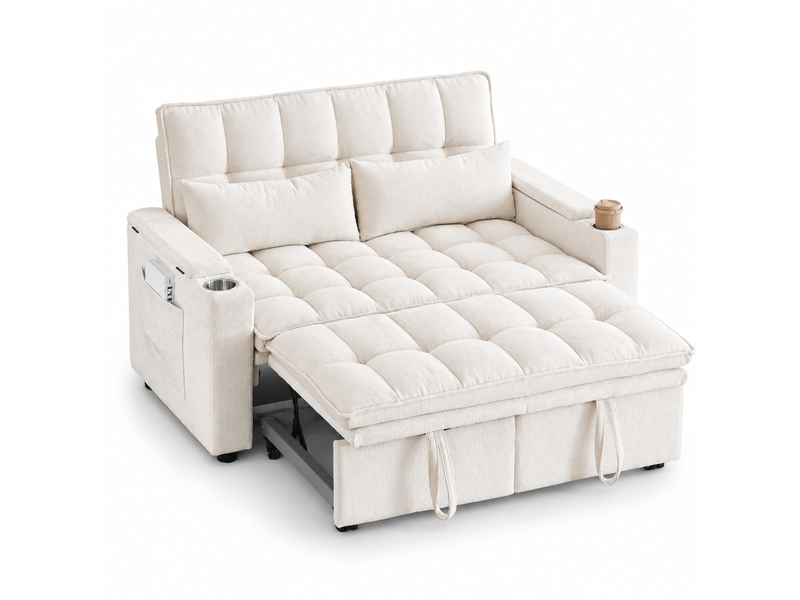  Canapé convertible 142x89x89 cm, canapé-lit 3 en 1, rangements, 2 porte-gobelets, 2 coussins, chenille, beige CozyNest - Conforama A