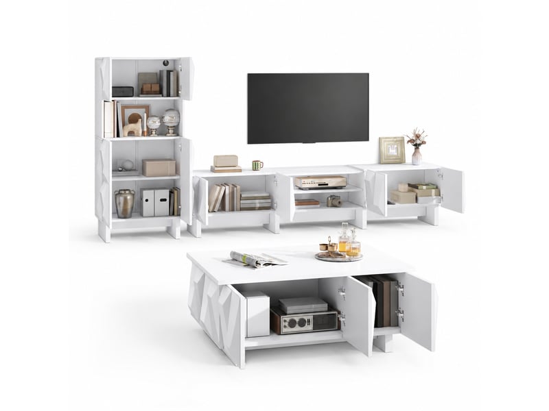  Ensemble salon 3 pièces, meuble tv 180 cm, vitrine 60,5 cm, table basse 95 cm, façades 3d, panneaux de particules blanc  - Conforama A