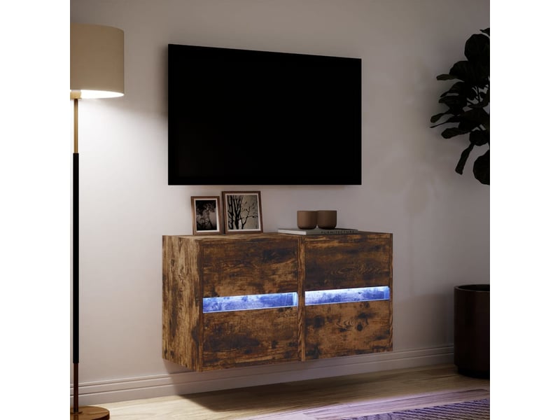  Lot de 2 meuble tv mural avec lumières led chêne fumé 41x31x45 cm shl19081  - Conforama E