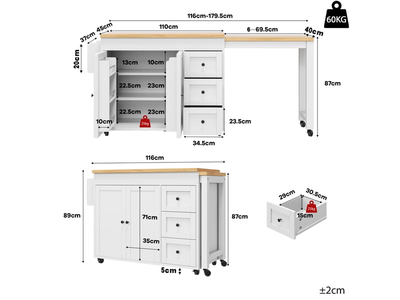  Îlot de cuisine mobile extensible 116–179,5 cm, 3 tiroirs, mdf et métal, blanc  - Conforama C