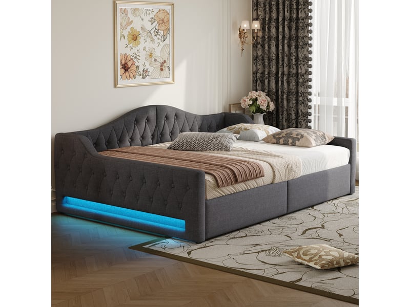  Lit jour avec rangement et bande led en mdf contreplaqué et tissu gris 140x200  - Conforama D