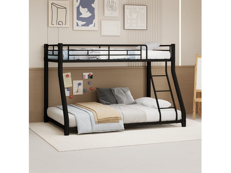  Lit superposé en métal 90x190 et 140x190 cm avec échelle et barrières noires  - Conforama E