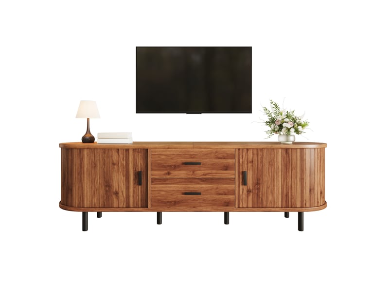  Meuble tv avec 2 portes coulissantes, 2 tiroirs et rangements ouverts, pour salon, noyer, 150 × 40 × 55 cm  - Conforama A