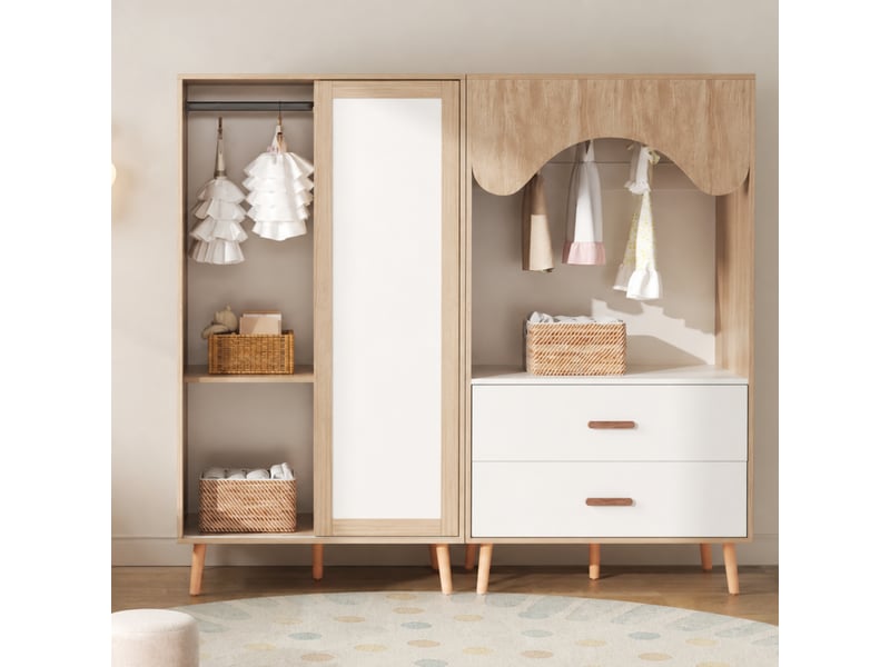  Ensemble armoire enfant blanc et effet bois naturel 160 x 46 x 141,5 cm, armoire à portes coulissantes et penderie ouverte, avec tiroirs et tringle, meuble de rangement chambre  - Conforama B