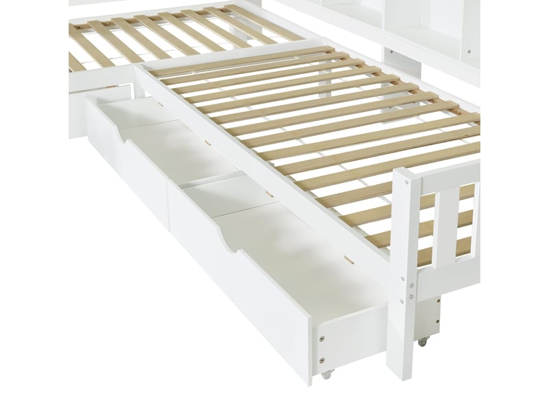  Lit enfant en bois 90 x 200 cm, lit pour deux enfants en forme de l, avec espace de rangement, étagères et tiroirs, blanc  - Conforama E