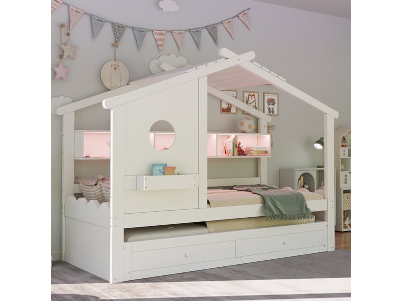  Lit enfant 90x200cm, lit gigogne 90x190cm, 2 tiroirs et led, charge, design en forme de maison, bois, blanc sans matelas  - Conforama E