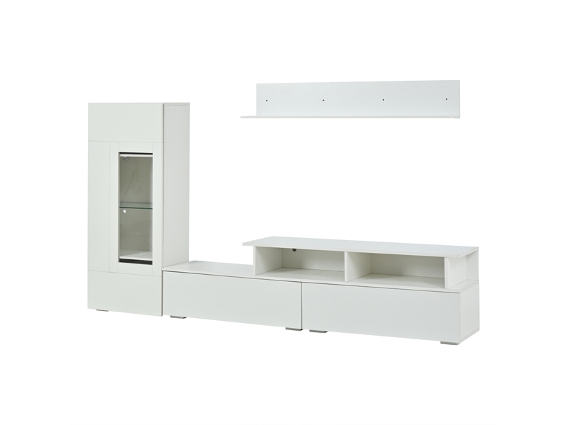  Ensemble meuble tv blanc brillant 3 pièces avec vitrine, étagère, led, pour téléviseur jusqu’à 75 pouces  - Conforama A