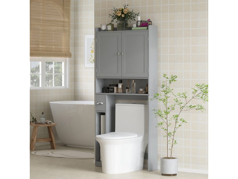 Meuble wc dessus de toilette ou machine à laver, 2 portes, 3 compartiments, porte-papier toilette, gris, 80x19,5x170cm - Conforama A