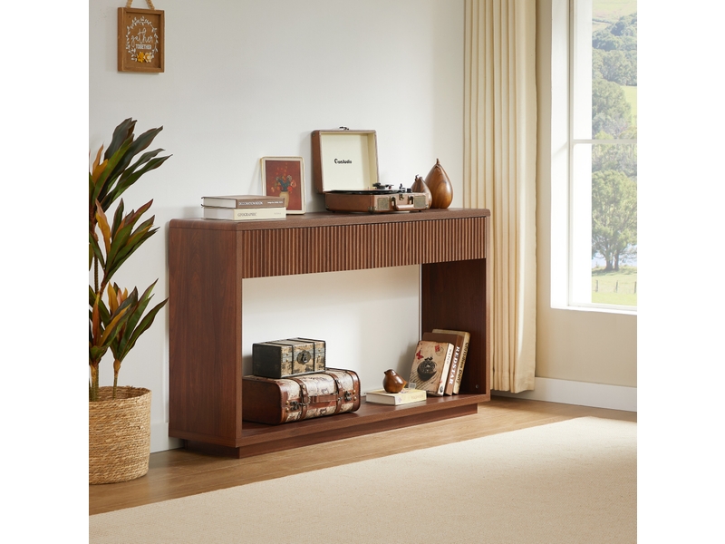  Table console 150x35x85 cm coloris noyer avec 2 tiroirs et rangement  - Conforama E