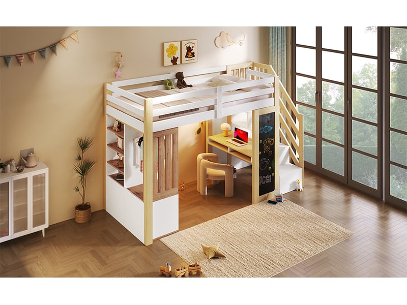  Lit mezzanine 90 × 200 cm, bureau, armoire, escalier avec rangement, tableau et led, pin et mdf, blanc et naturel  - Conforama B