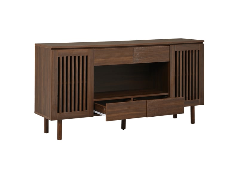 Buffet bas 140 x 35 x 71 cm noyer mdf, 4 tiroirs et 2 portes à lamelles pour salon et salle à manger - Conforama D