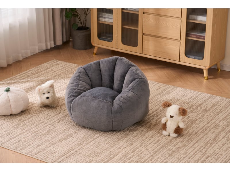  Fauteuil poire enfant souple en peluche grise, mousse, 75 x 70 x 52 cm  - Conforama D