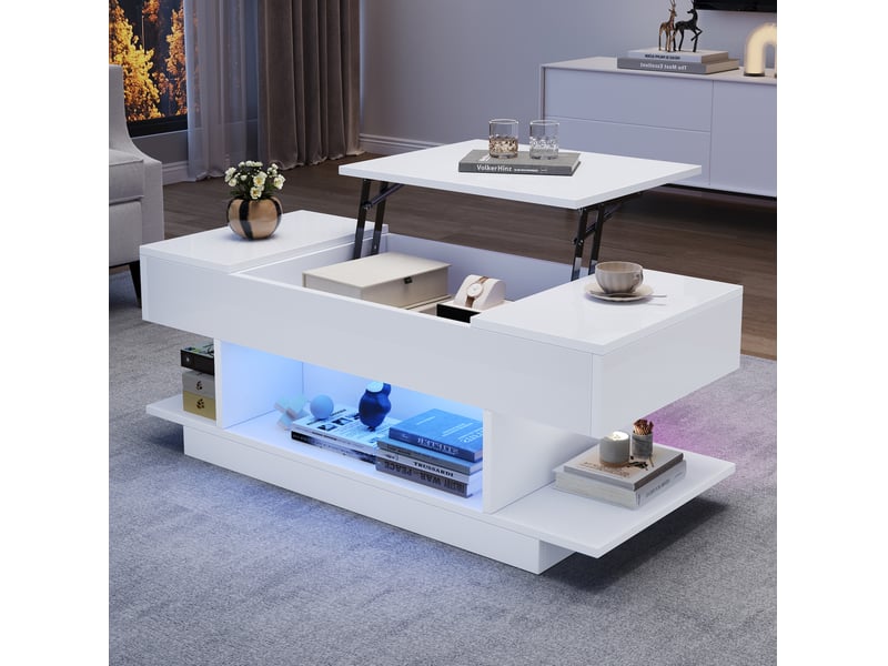  Table basse relevable 98x45x40 cm, led pilotable, rangements ouverts et fermés, panneau particules blanc  - Conforama D