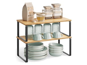 Étagère de rangement de cuisine 2 niveaux en bois et métal beige et noir avec structure empilable pour plan de travail chicfurn