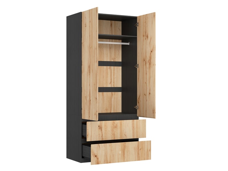  Armoire penderie 90 x 50 x 200 cm - 2 portes - 1 barre de penderie - 2 tiroirs - meuble de chambre moderne - chêne artisan et blanc  - Conforama E