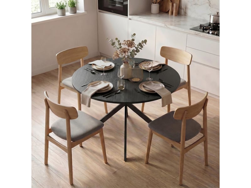  Table de salle à manger ronde pour 4 personnes, style industriel, pieds en acier, noire, idéale pour la cuisine ou la salle à manger.  - Conforama D