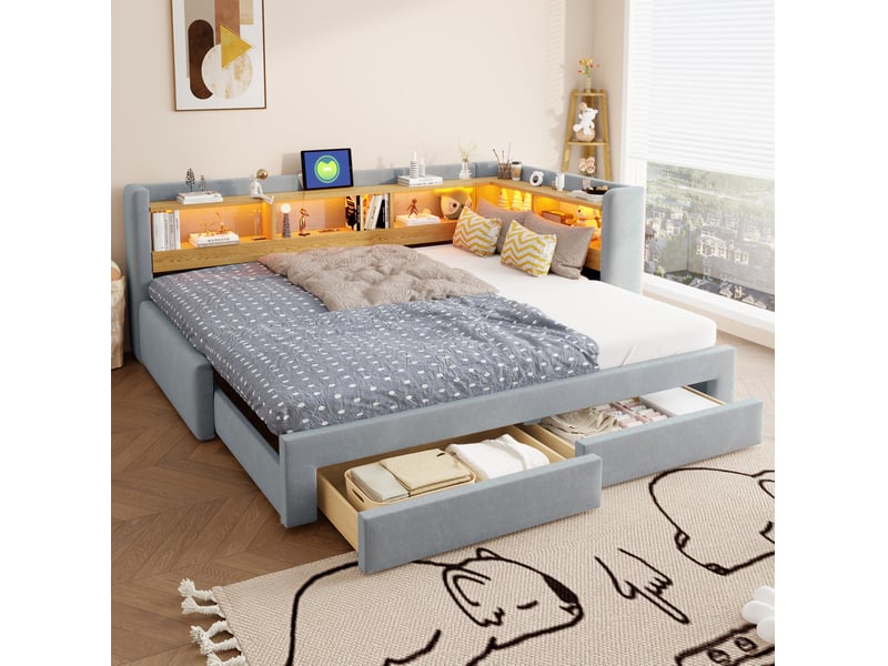 Lit gigogne extensible fermé 90x200 ouvert 180x200 cm, tiroirs rangement, led prise, velours gris sans matelas - Conforama B