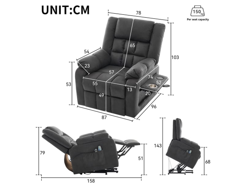 Fauteuil de massage électrique - fauteuil tv chauffage - inclinable - arepose-pieds, ports usb - gris - Conforama E
