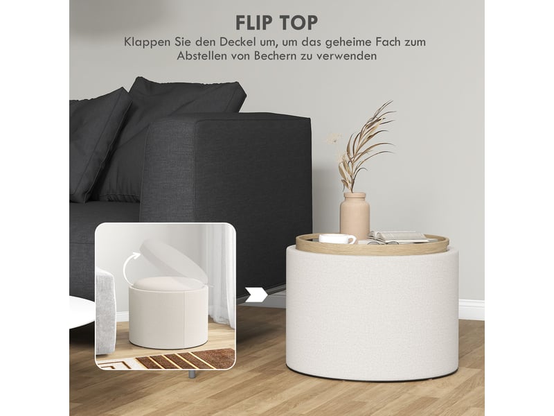  Tabouret rond ottoman avec espace de rangement, couvercle rabattable, aspect lin pour salon, chambre, crème, ø56 x 42 cm 838-435V80CW - Conforama D