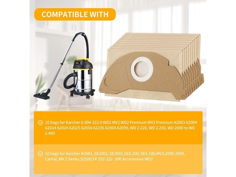  20 pièces sac aspirateur pour wd2 mv2 wd 2.200 wd2250 a2004 a2054 a2099, 6.904-322.0 robot aspirateur，sac aspirateur karcher  - Conforama B