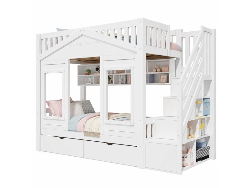  Lit superposé enfant 90 × 200 cm avec escalier de rangement, tiroirs, niches ouvertes et barrières de sécurité, blanc  - Conforama A
